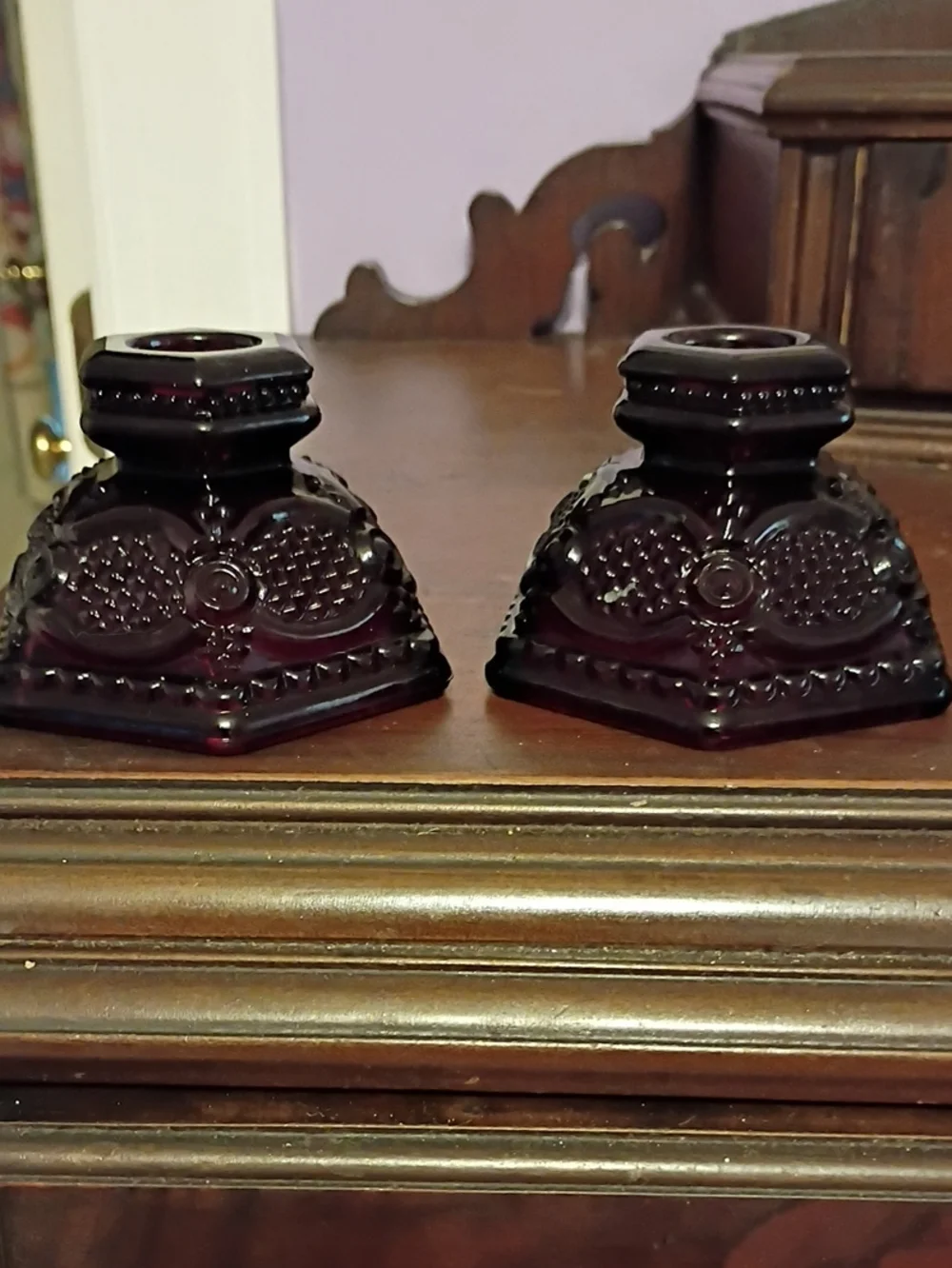 Vintage Avon Cape Cod. Ruby Red Pressed Glass Candlestick Holders - Pair